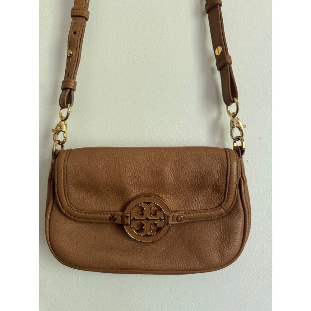 Tory Burch Reva Mini Crossbody Bag Brown Pebbled Leather Gold Logo Tan